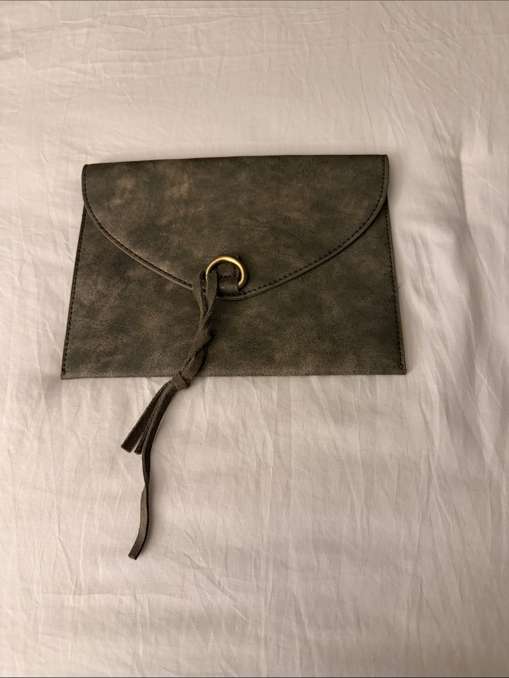 Anthropology Olive Green Sparkle Envelope Clutch with Tassel Detail